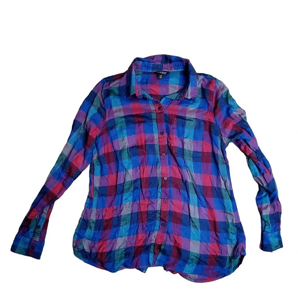 Lucky Brand Plaid Blue, Pink, and Purple Top - Picture 1 of 6